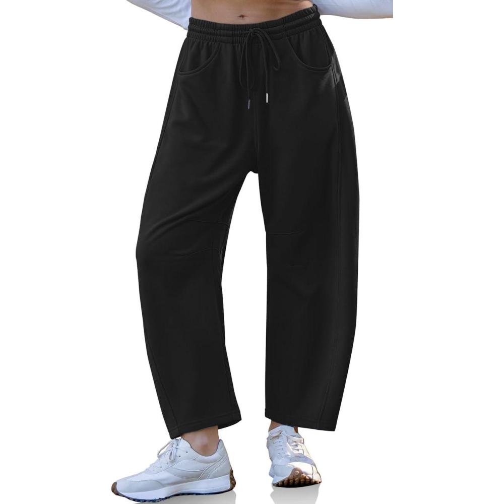 imageTARSE Womens Drawstring Sweatpants Loose Fit Pants Casual Wide Leg Pants Cotton Comfy Elastic Waist Joggers with PocketsBlack