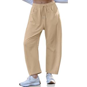 TARSE Women’s Drawstring Sweatpants Loose Fit Pants Casual Wide Leg Pants Cotton Comfy Elastic Waist Joggers with Pockets(Khaki)