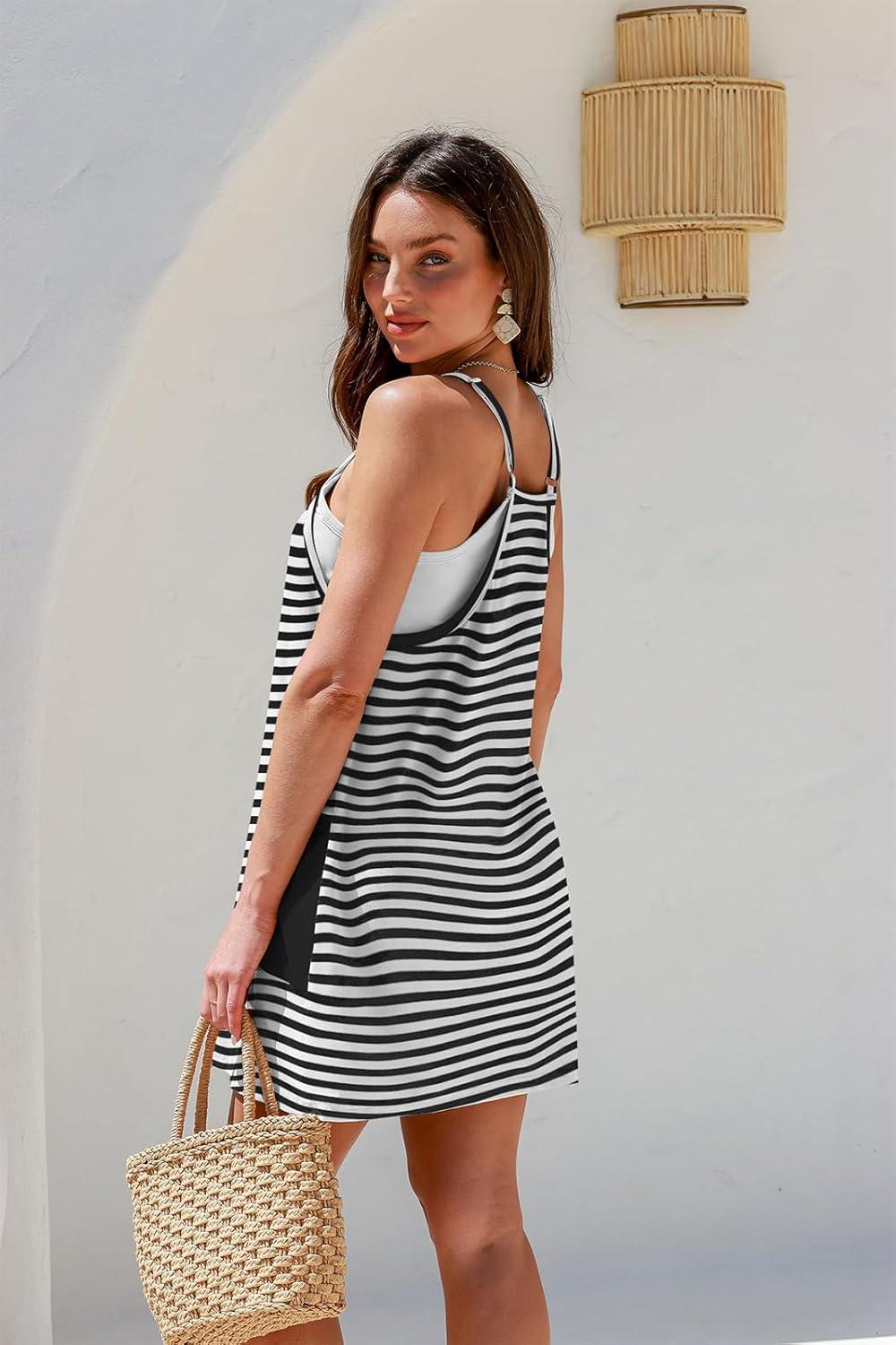 imageTARSE Athletic Dress for Women Casual Sleeveless Spaghetti Strap Sundress Workout Short Tennis Dress with PocketsBlack Striped