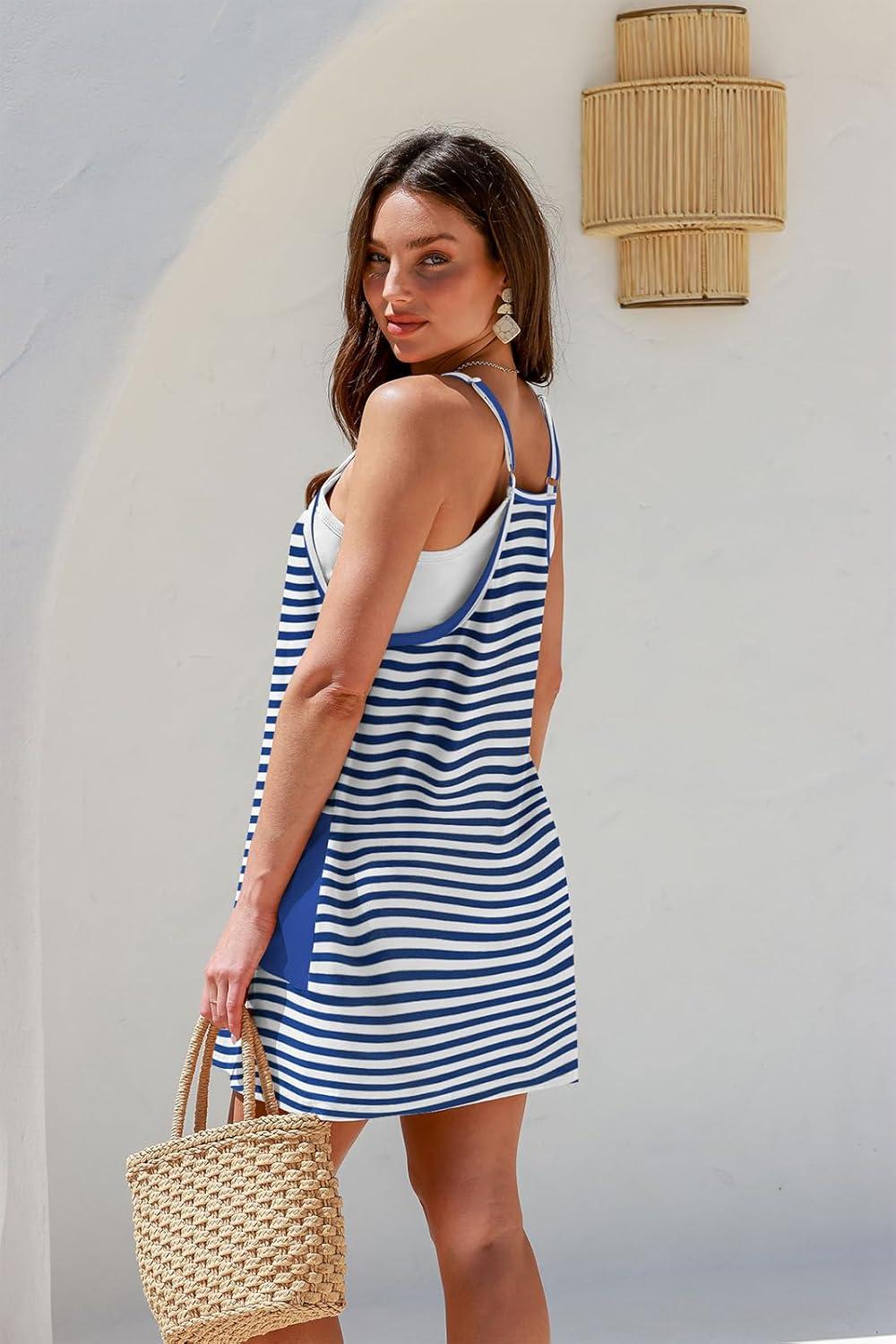 imageTARSE Athletic Dress for Women Casual Sleeveless Spaghetti Strap Sundress Workout Short Tennis Dress with PocketsBlue Striped