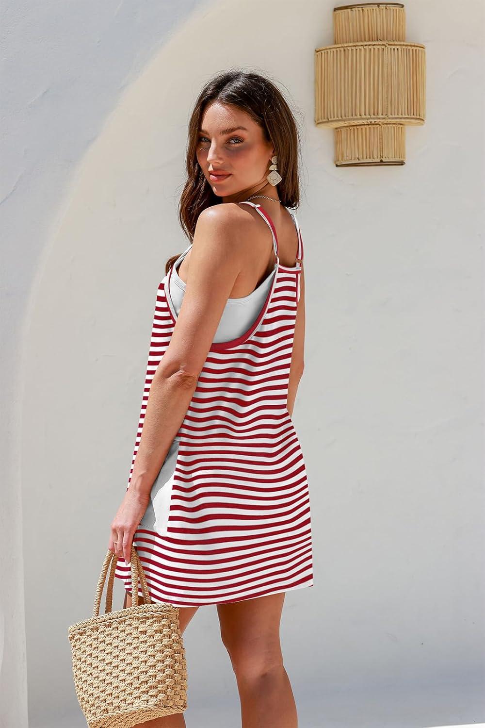 imageTARSE Athletic Dress for Women Casual Sleeveless Spaghetti Strap Sundress Workout Short Tennis Dress with PocketsRed Striped