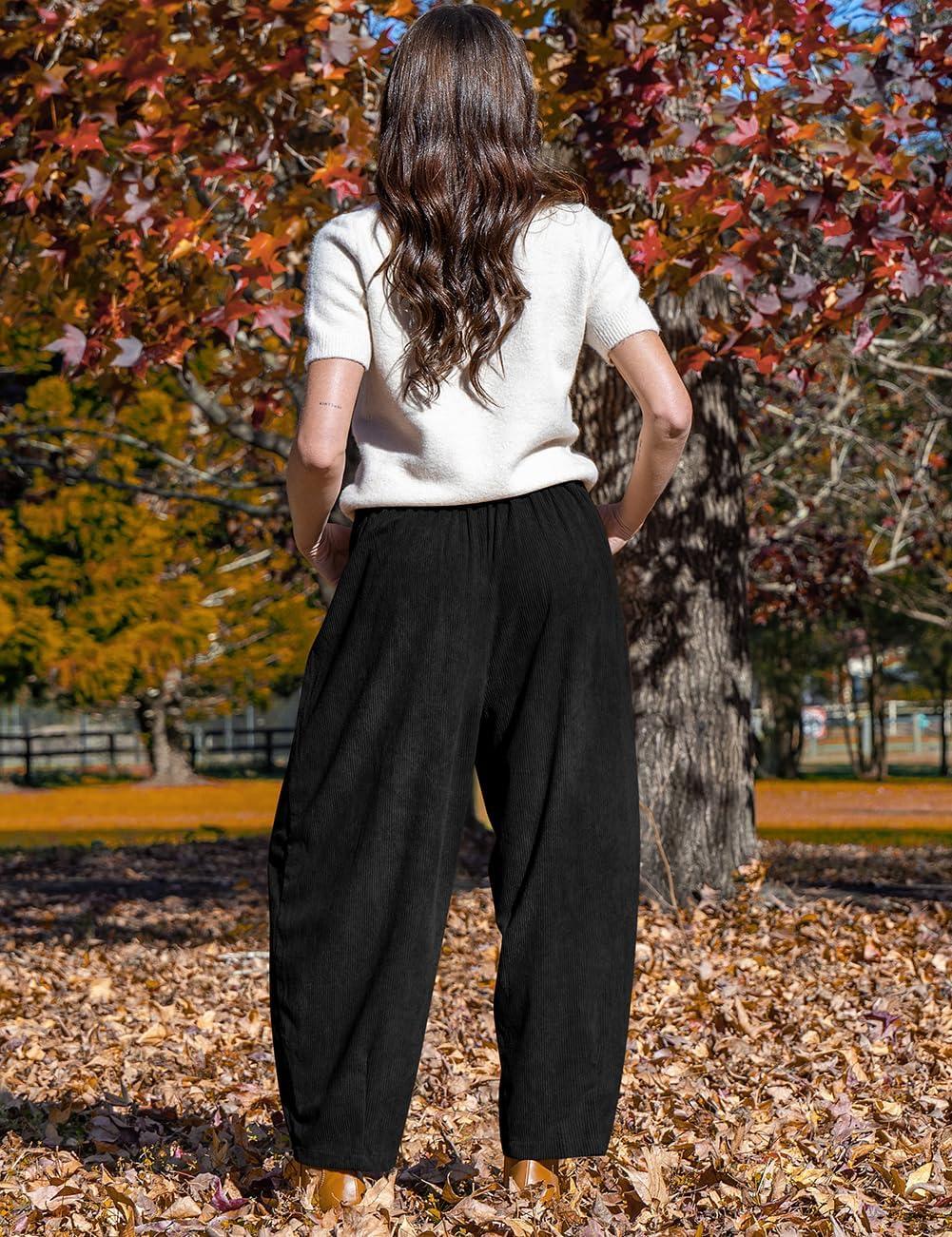 imageTARSE Womens Corduroy Pants Baggy Wide Leg Pants Casual Elastic Waisted Palazzo Harem Pants with PocketsBlack