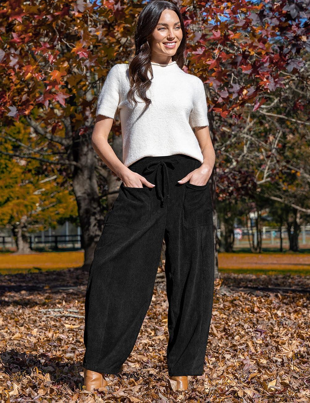 imageTARSE Womens Corduroy Pants Baggy Wide Leg Pants Casual Elastic Waisted Palazzo Harem Pants with PocketsBlack