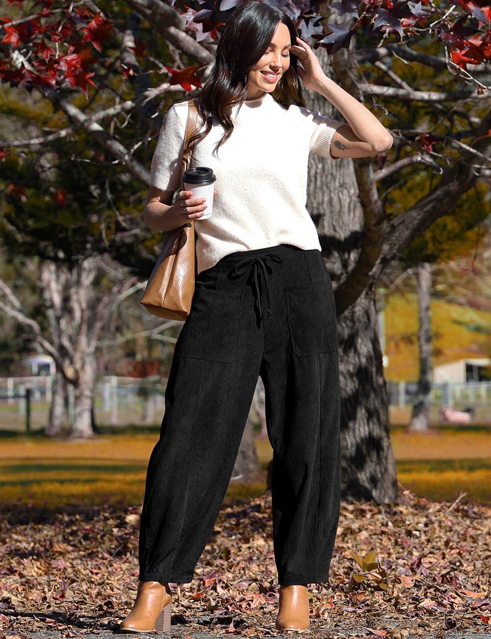 imageTARSE Womens Corduroy Pants Baggy Wide Leg Pants Casual Elastic Waisted Palazzo Harem Pants with PocketsBlack