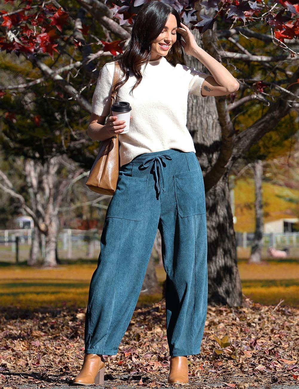 imageTARSE Womens Corduroy Pants Baggy Wide Leg Pants Casual Elastic Waisted Palazzo Harem Pants with PocketsBlue