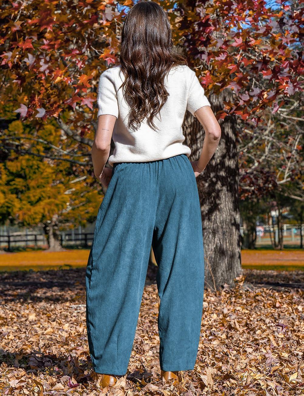 imageTARSE Womens Corduroy Pants Baggy Wide Leg Pants Casual Elastic Waisted Palazzo Harem Pants with PocketsBlue