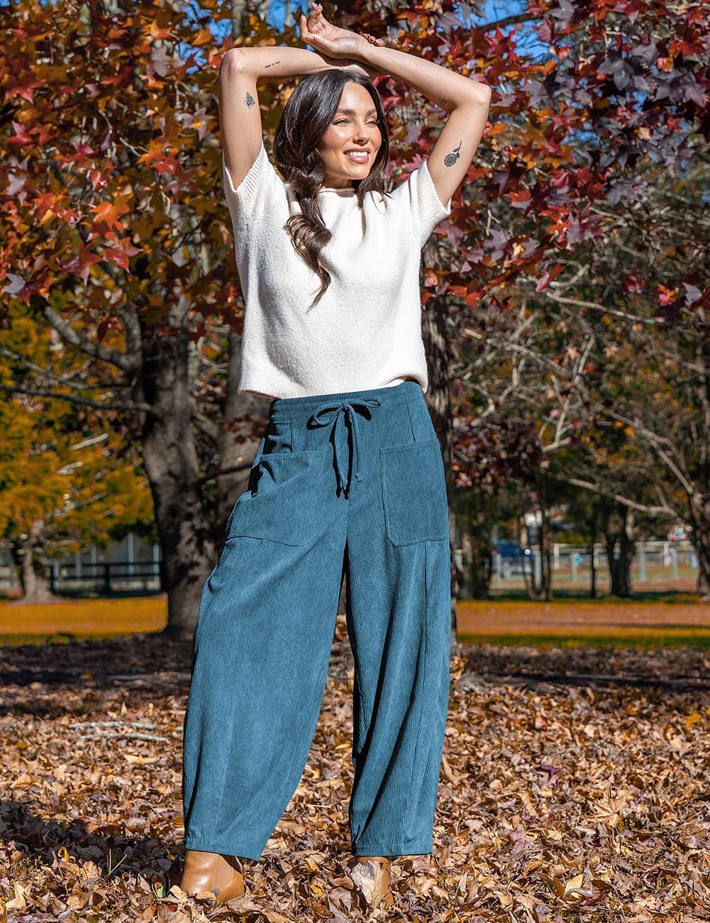 imageTARSE Womens Corduroy Pants Baggy Wide Leg Pants Casual Elastic Waisted Palazzo Harem Pants with PocketsBlue