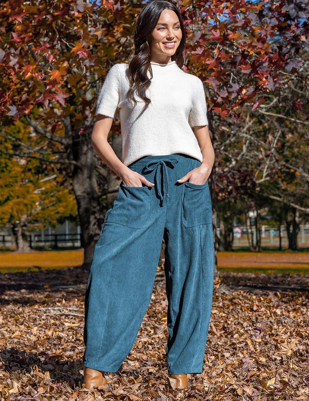 imageTARSE Womens Corduroy Pants Baggy Wide Leg Pants Casual Elastic Waisted Palazzo Harem Pants with PocketsBlue