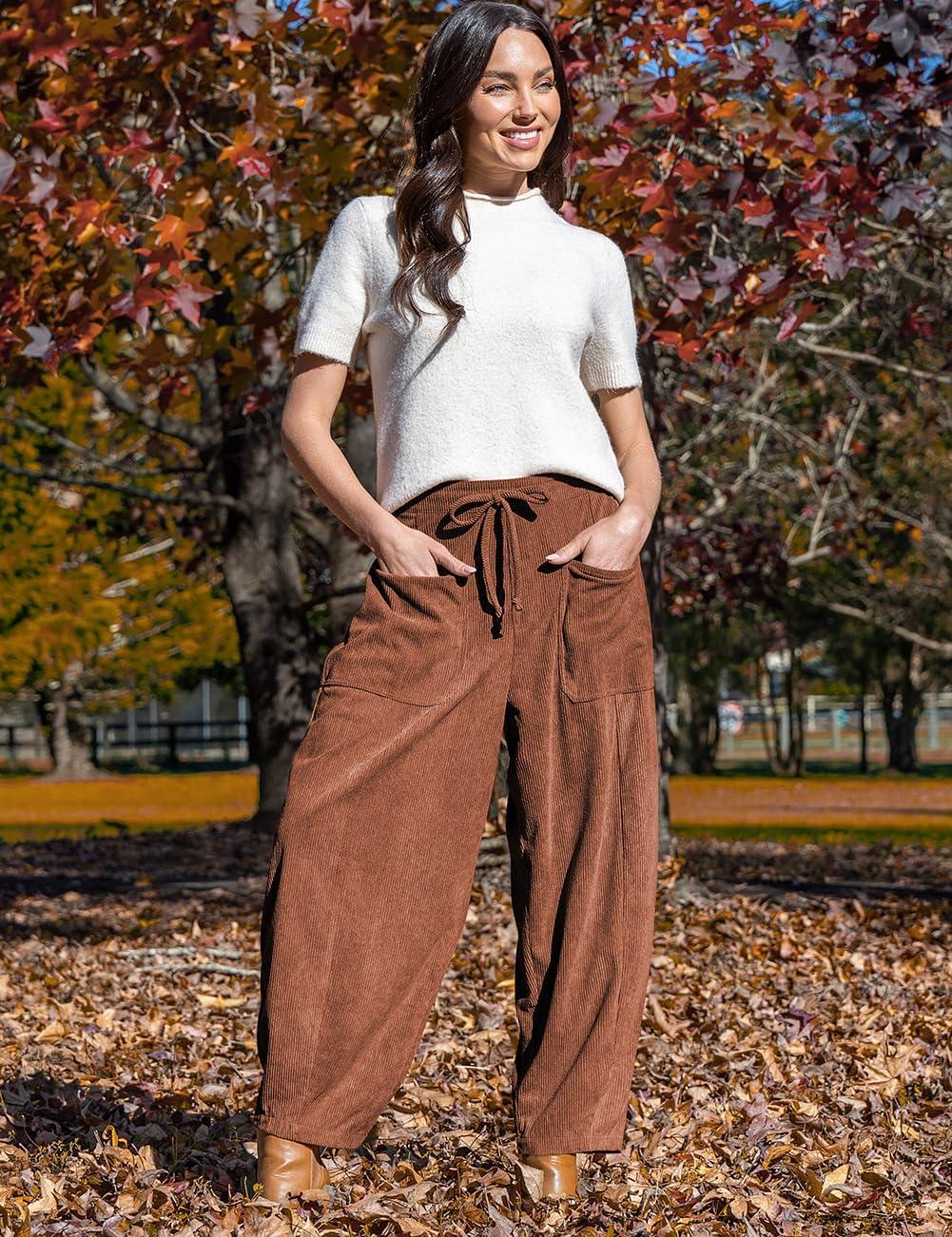 imageTARSE Womens Corduroy Pants Baggy Wide Leg Pants Casual Elastic Waisted Palazzo Harem Pants with PocketsBrown
