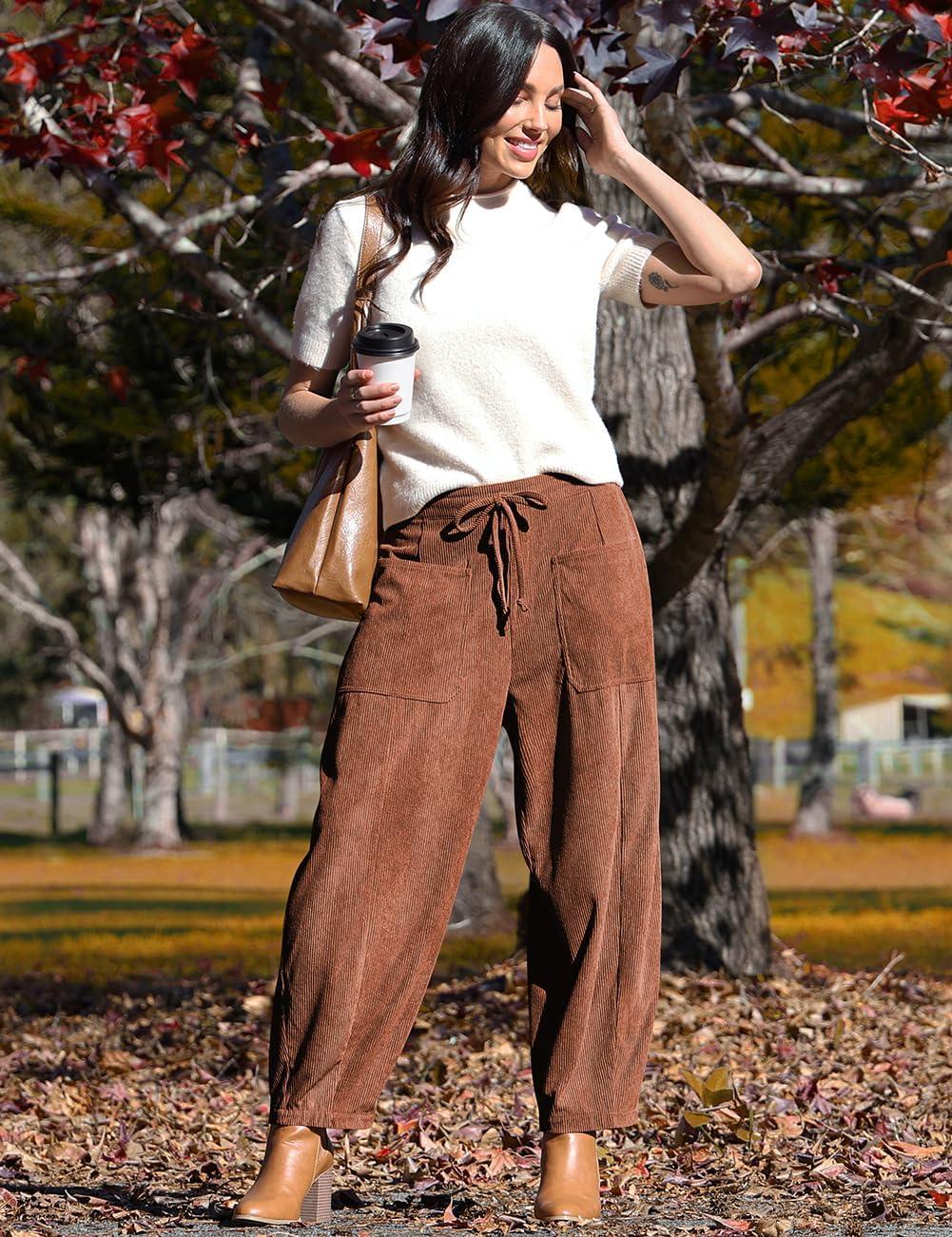 imageTARSE Womens Corduroy Pants Baggy Wide Leg Pants Casual Elastic Waisted Palazzo Harem Pants with PocketsBrown