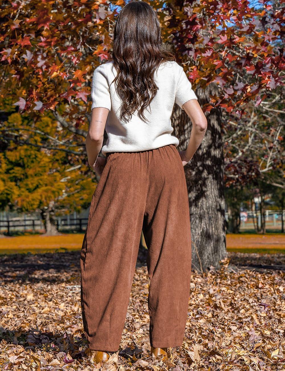 imageTARSE Womens Corduroy Pants Baggy Wide Leg Pants Casual Elastic Waisted Palazzo Harem Pants with PocketsBrown