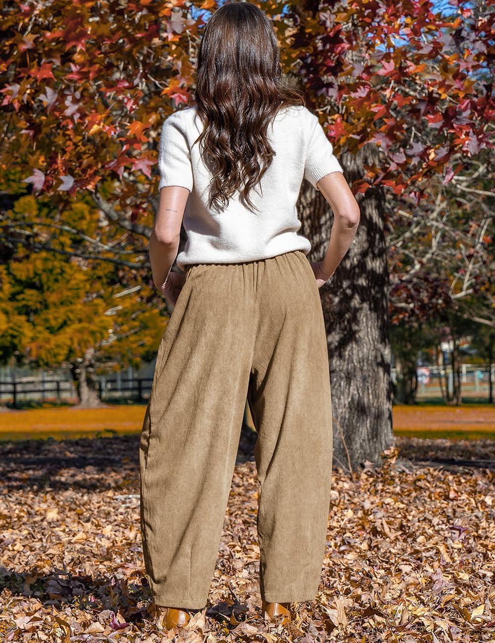 imageTARSE Womens Corduroy Pants Baggy Wide Leg Pants Casual Elastic Waisted Palazzo Harem Pants with PocketsCamel