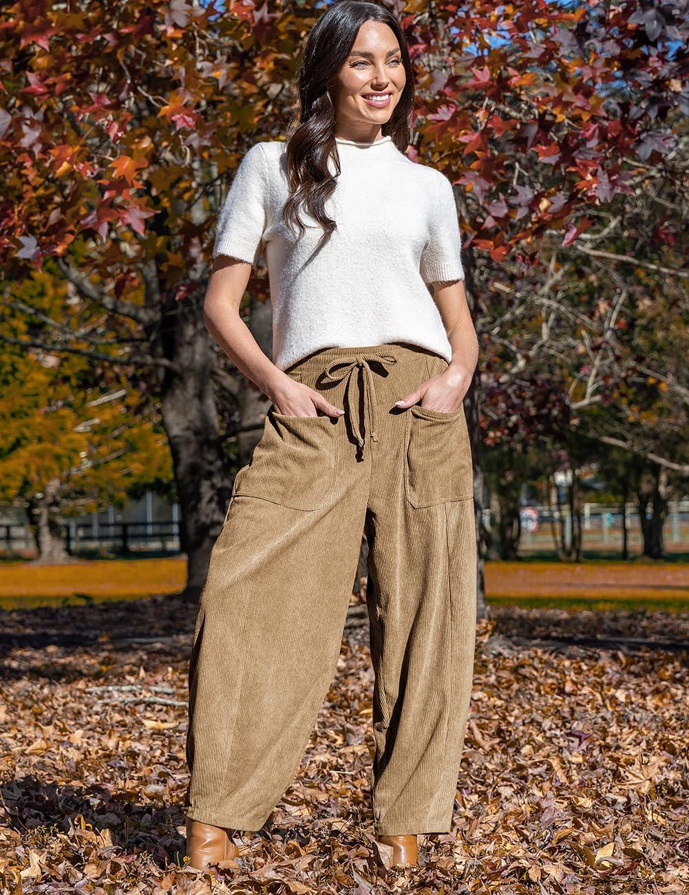 imageTARSE Womens Corduroy Pants Baggy Wide Leg Pants Casual Elastic Waisted Palazzo Harem Pants with PocketsCamel