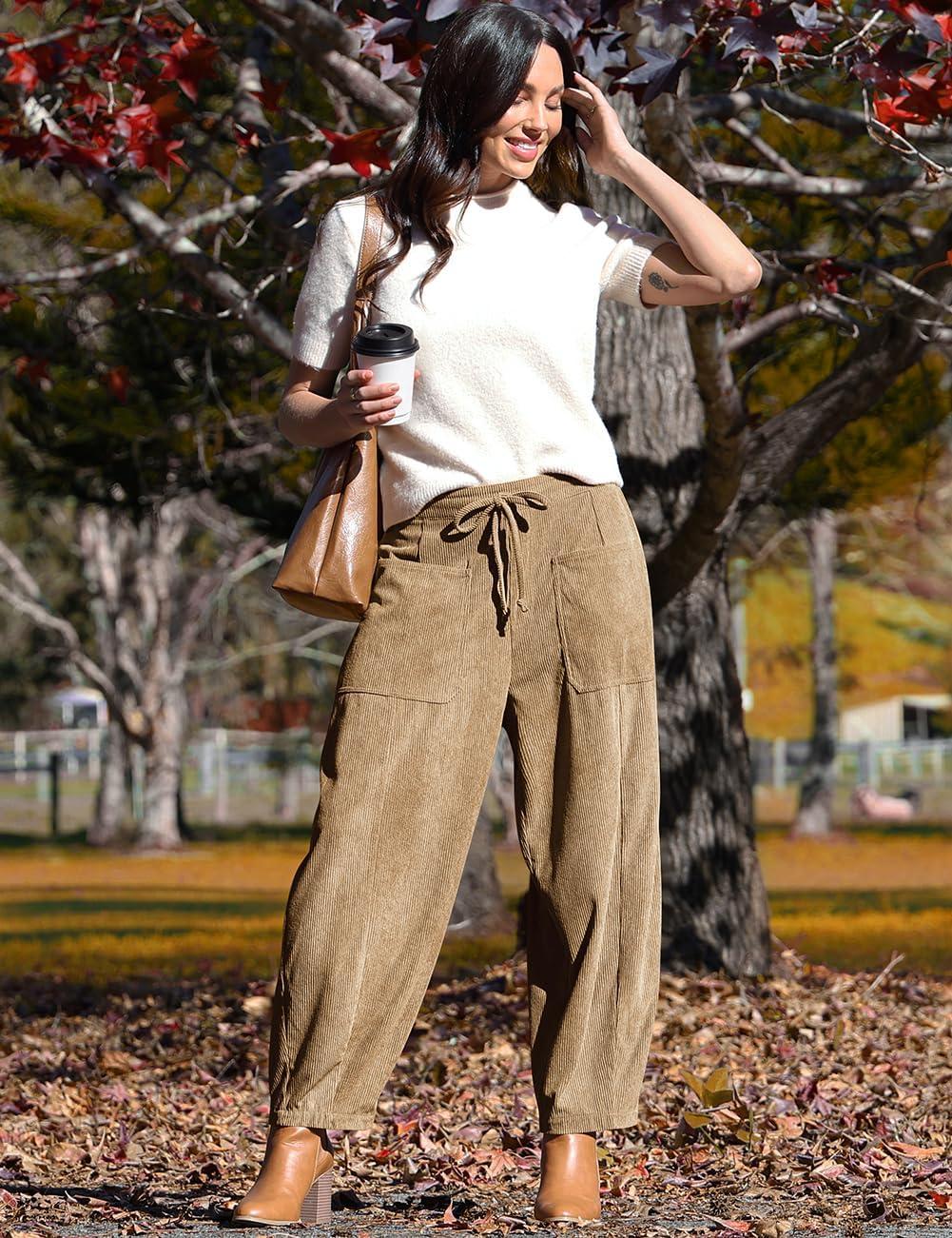 imageTARSE Womens Corduroy Pants Baggy Wide Leg Pants Casual Elastic Waisted Palazzo Harem Pants with PocketsCamel