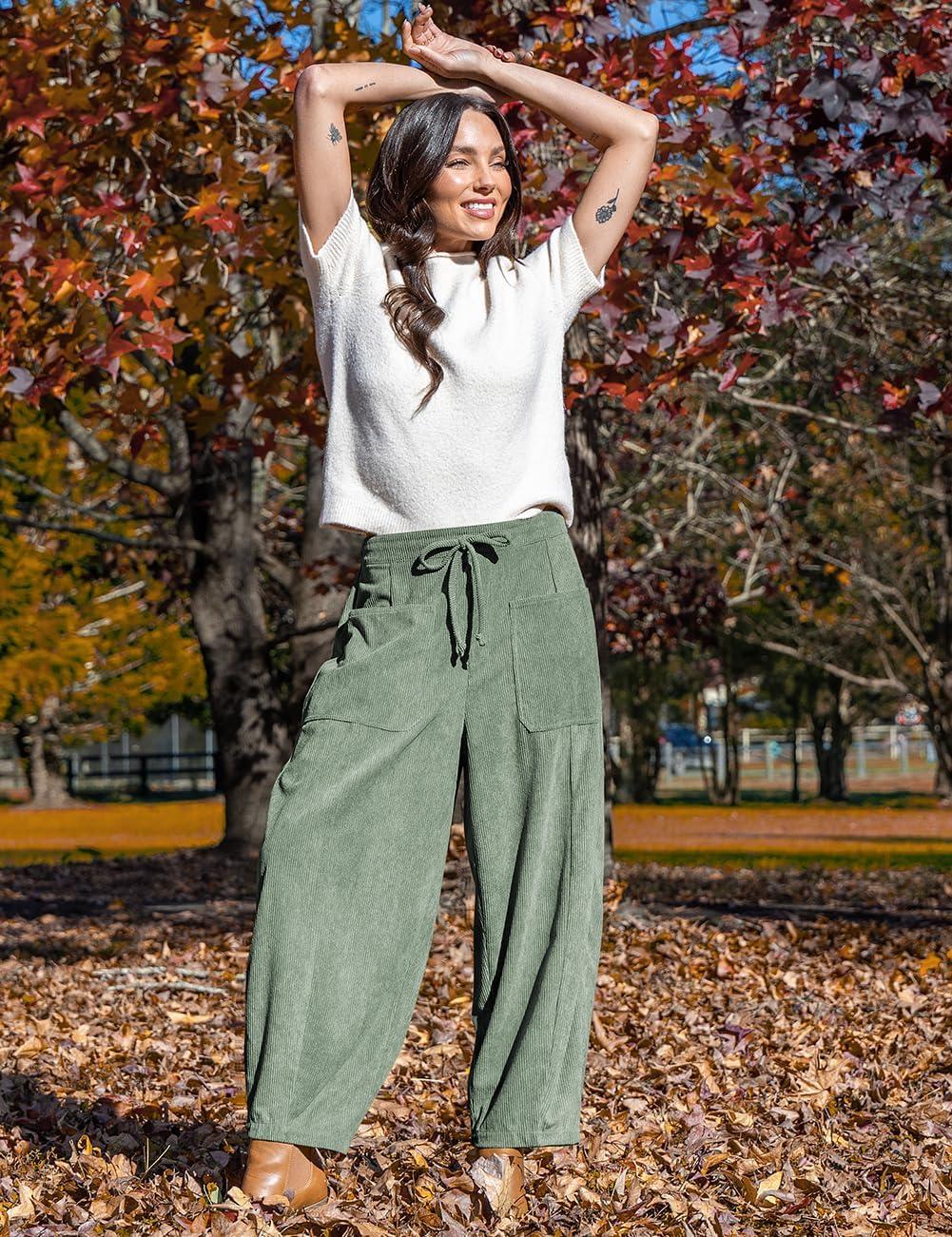 imageTARSE Womens Corduroy Pants Baggy Wide Leg Pants Casual Elastic Waisted Palazzo Harem Pants with PocketsLightarmygreen