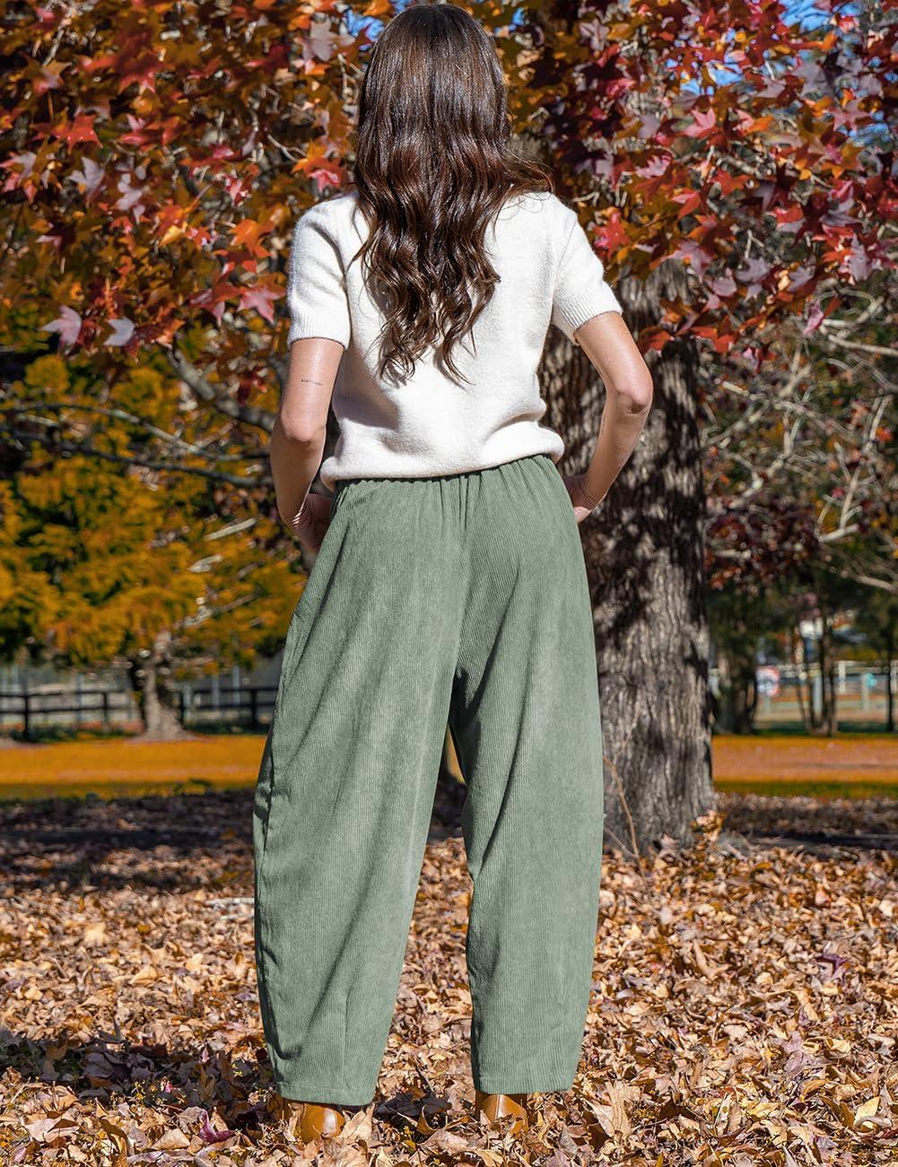 imageTARSE Womens Corduroy Pants Baggy Wide Leg Pants Casual Elastic Waisted Palazzo Harem Pants with PocketsLightarmygreen