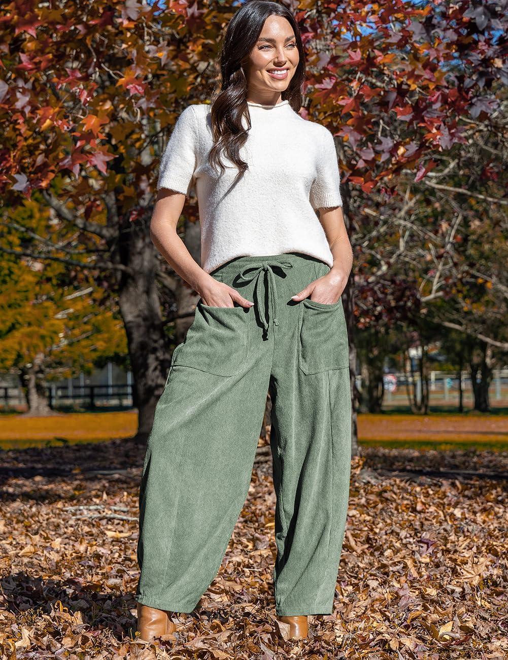imageTARSE Womens Corduroy Pants Baggy Wide Leg Pants Casual Elastic Waisted Palazzo Harem Pants with PocketsLightarmygreen