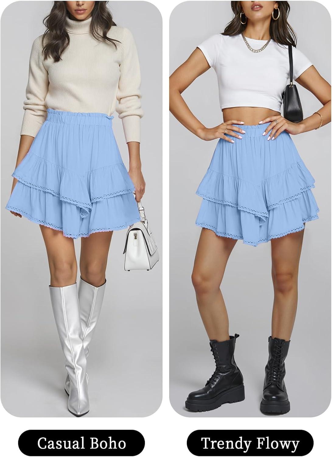 imageTARSE Womens Flowy Shorts High Waist Pleated Mini Skirts Casual Boho Ruffle Tiered Skorts Cute Versatile Fashion ShortsAqua Blue