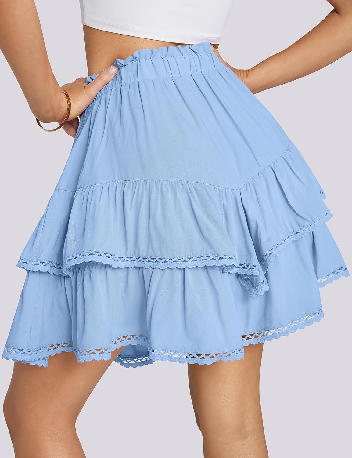 imageTARSE Womens Flowy Shorts High Waist Pleated Mini Skirts Casual Boho Ruffle Tiered Skorts Cute Versatile Fashion ShortsAqua Blue