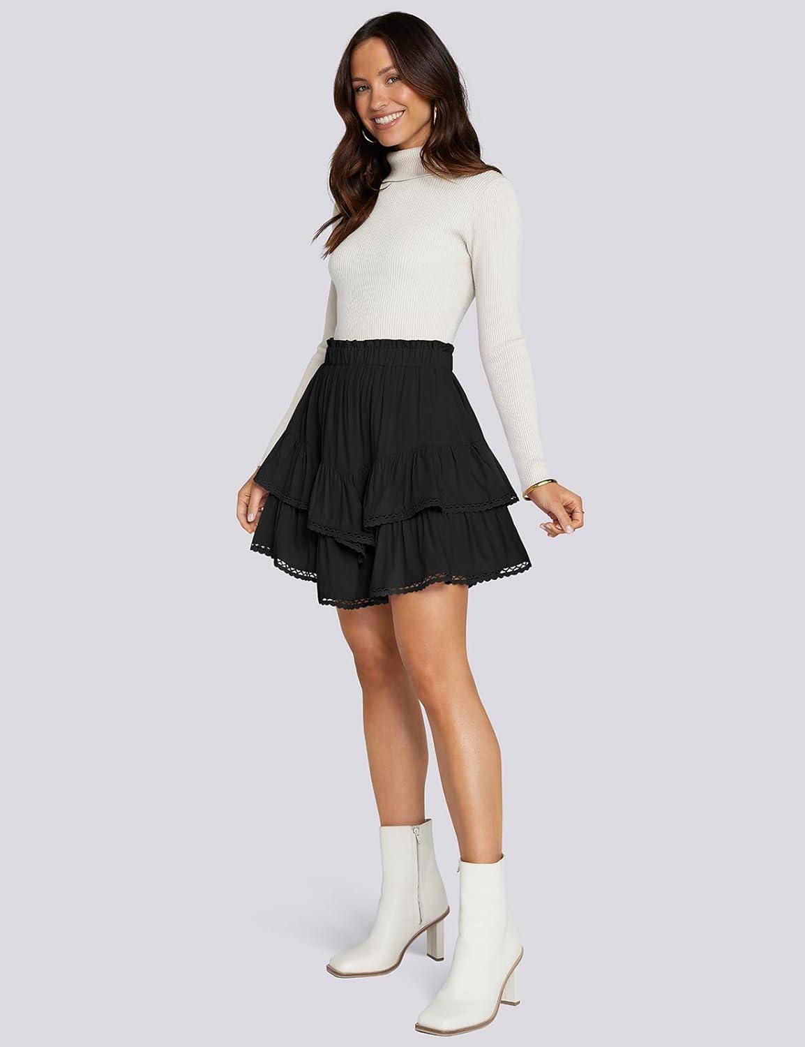 imageTARSE Womens Flowy Shorts High Waist Pleated Mini Skirts Casual Boho Ruffle Tiered Skorts Cute Versatile Fashion ShortsBlack
