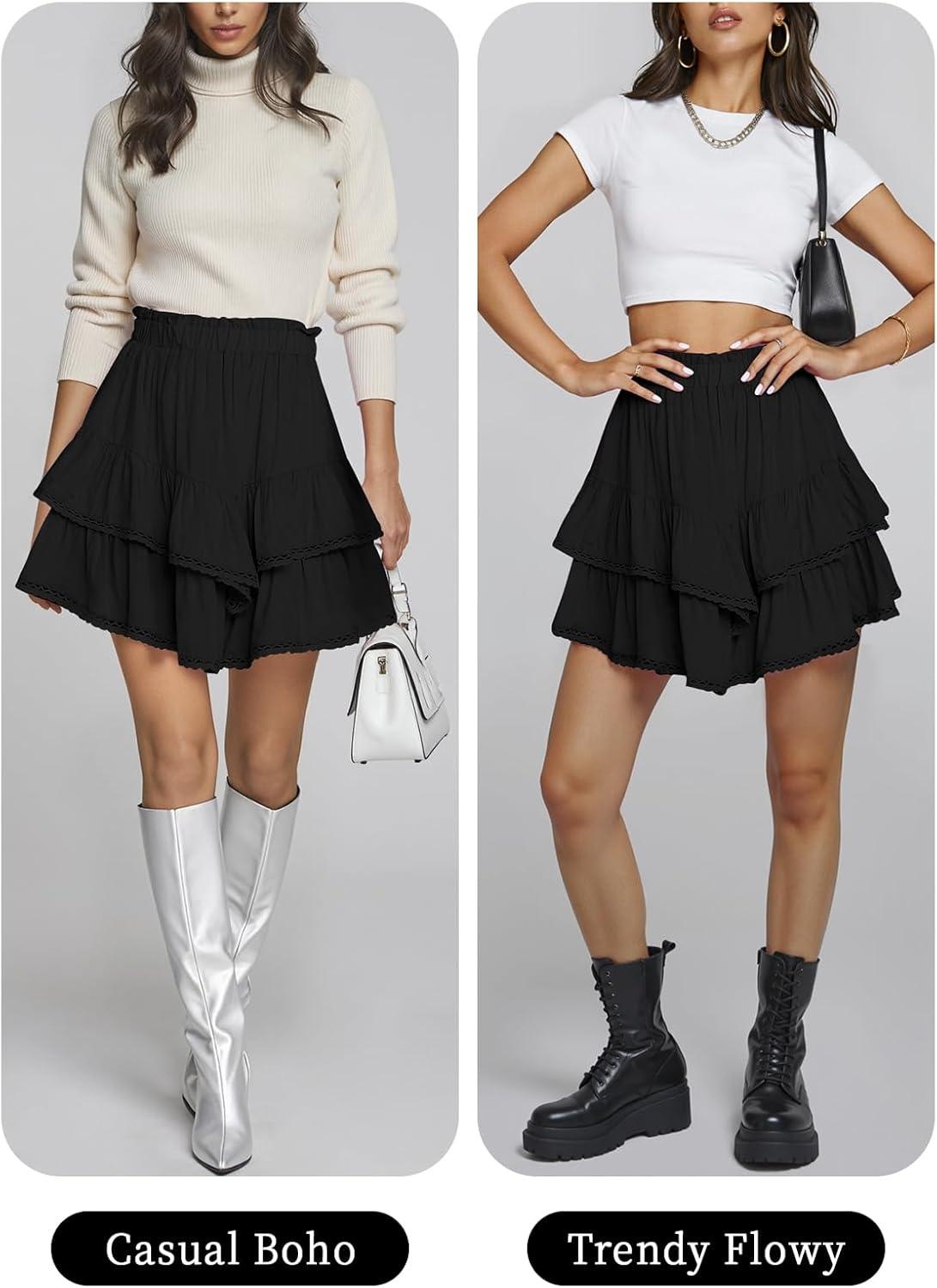 imageTARSE Womens Flowy Shorts High Waist Pleated Mini Skirts Casual Boho Ruffle Tiered Skorts Cute Versatile Fashion ShortsBlack