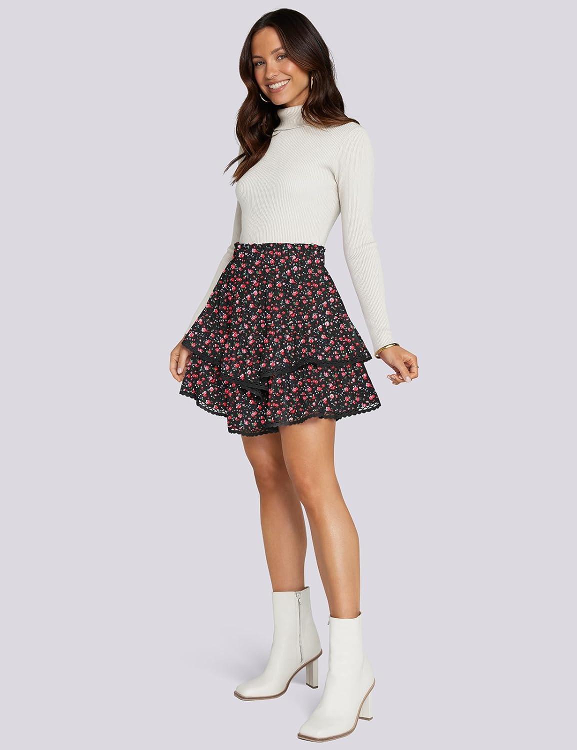 imageTARSE Womens Flowy Shorts High Waist Pleated Mini Skirts Casual Boho Ruffle Tiered Skorts Cute Versatile Fashion ShortsFloral Black Pink