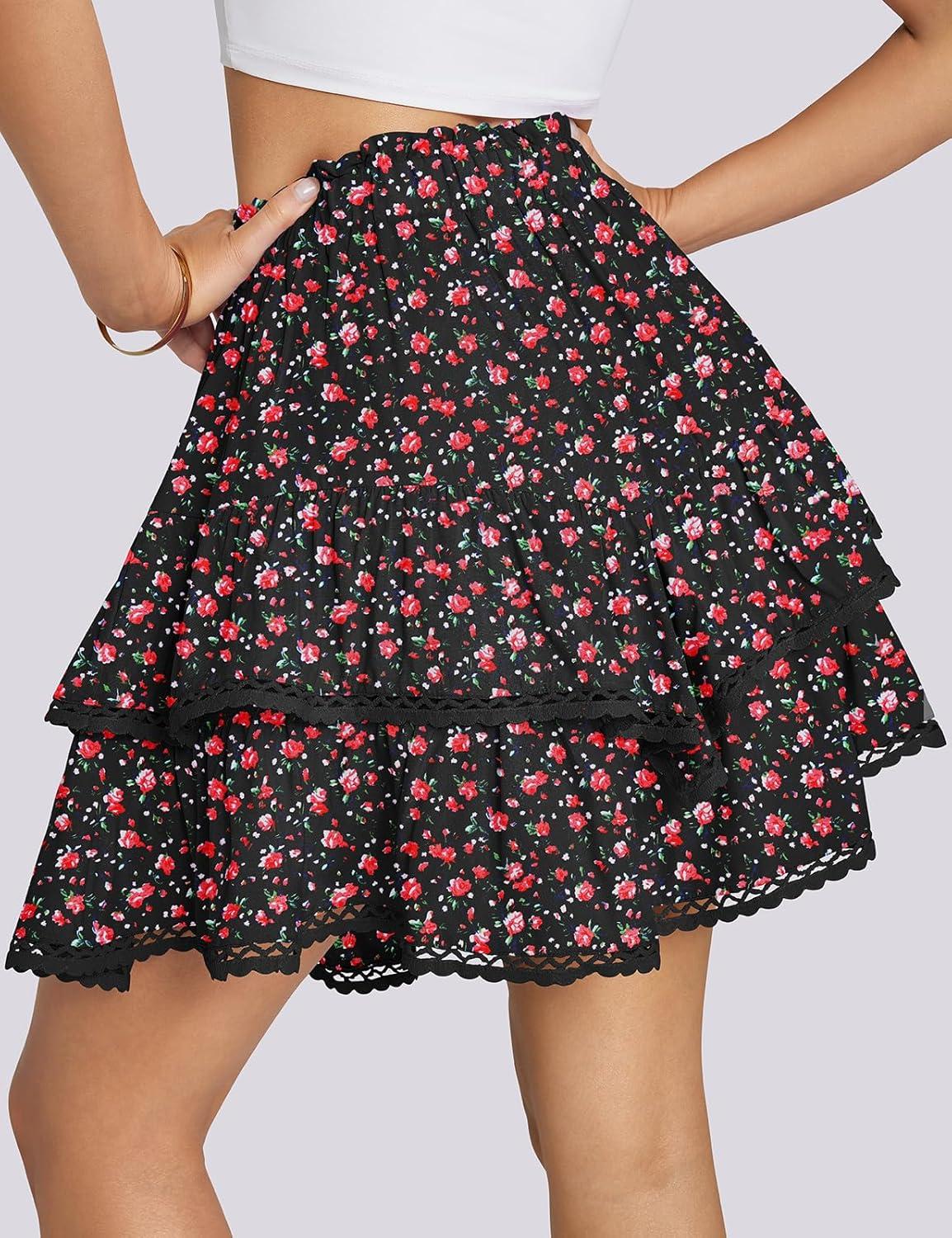 imageTARSE Womens Flowy Shorts High Waist Pleated Mini Skirts Casual Boho Ruffle Tiered Skorts Cute Versatile Fashion ShortsFloral Black Pink
