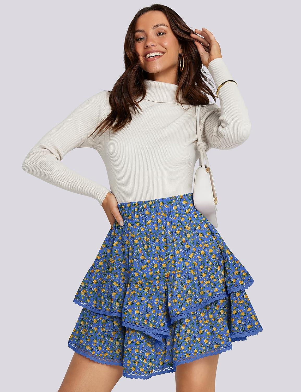 imageTARSE Womens Flowy Shorts High Waist Pleated Mini Skirts Casual Boho Ruffle Tiered Skorts Cute Versatile Fashion ShortsFloral Blue Yellow