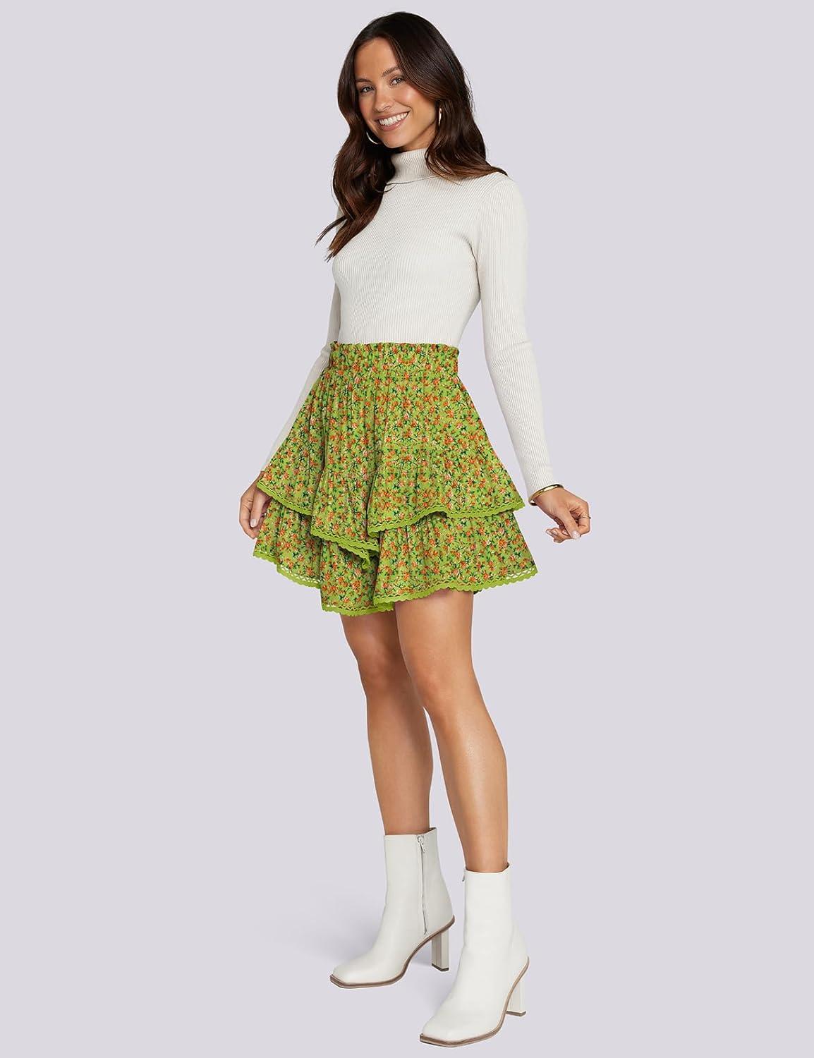imageTARSE Womens Flowy Shorts High Waist Pleated Mini Skirts Casual Boho Ruffle Tiered Skorts Cute Versatile Fashion ShortsFloral Green Yellow