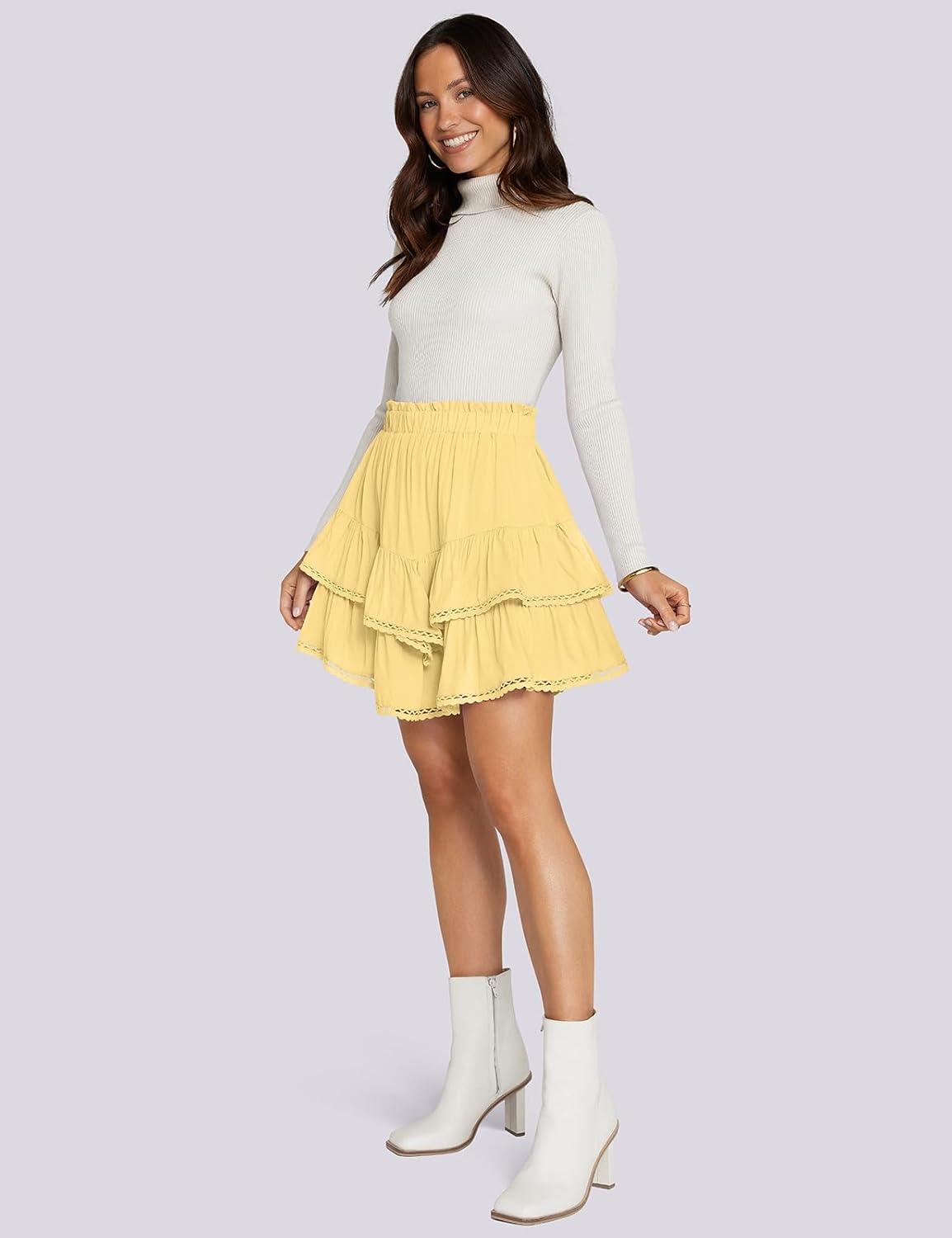 imageTARSE Womens Flowy Shorts High Waist Pleated Mini Skirts Casual Boho Ruffle Tiered Skorts Cute Versatile Fashion ShortsLight Yellow