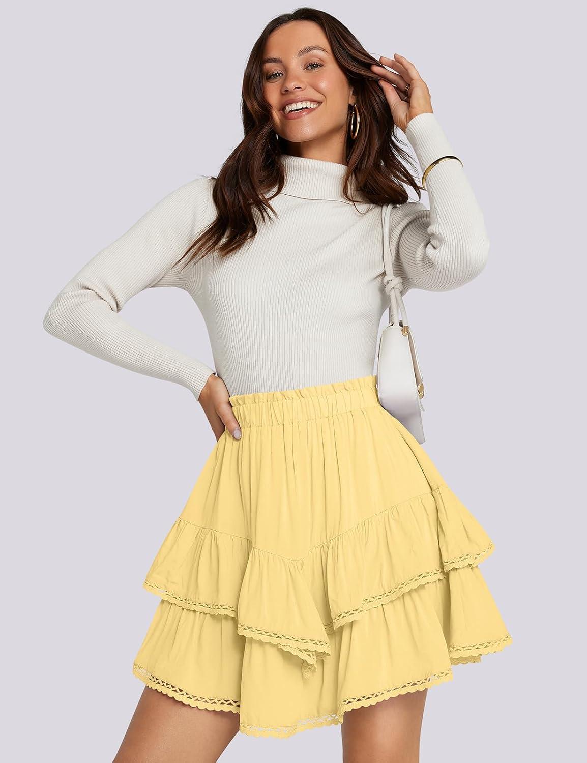 imageTARSE Womens Flowy Shorts High Waist Pleated Mini Skirts Casual Boho Ruffle Tiered Skorts Cute Versatile Fashion ShortsLight Yellow