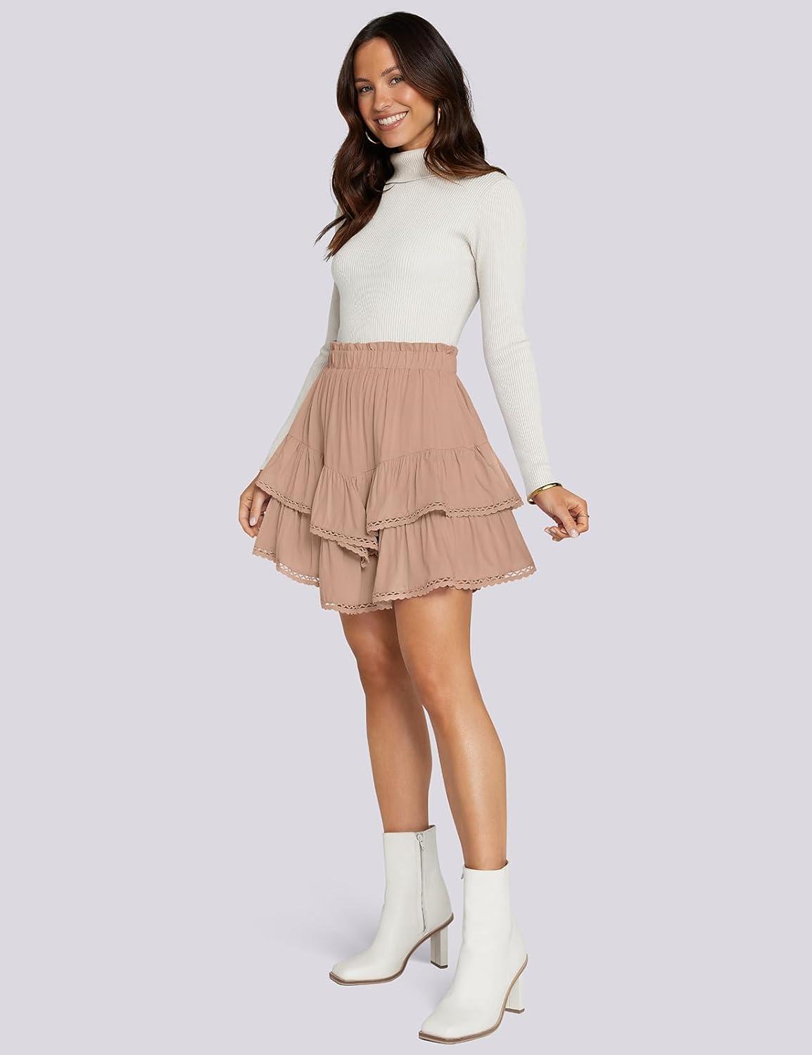 imageTARSE Womens Flowy Shorts High Waist Pleated Mini Skirts Casual Boho Ruffle Tiered Skorts Cute Versatile Fashion ShortsMilk Coffee
