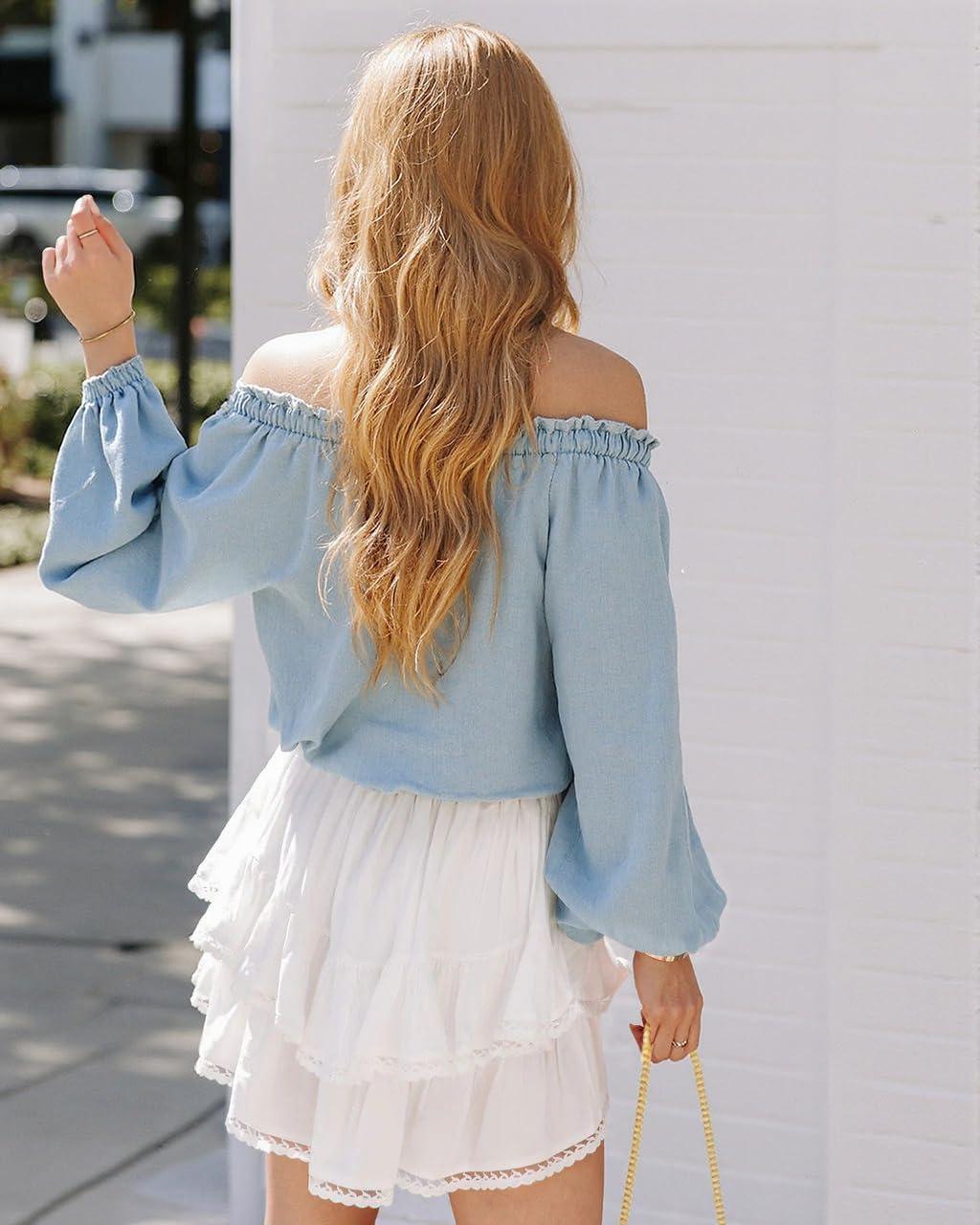 imageTARSE Womens Flowy Shorts High Waist Pleated Mini Skirts Casual Boho Ruffle Tiered Skorts Cute Versatile Fashion ShortsMilky White