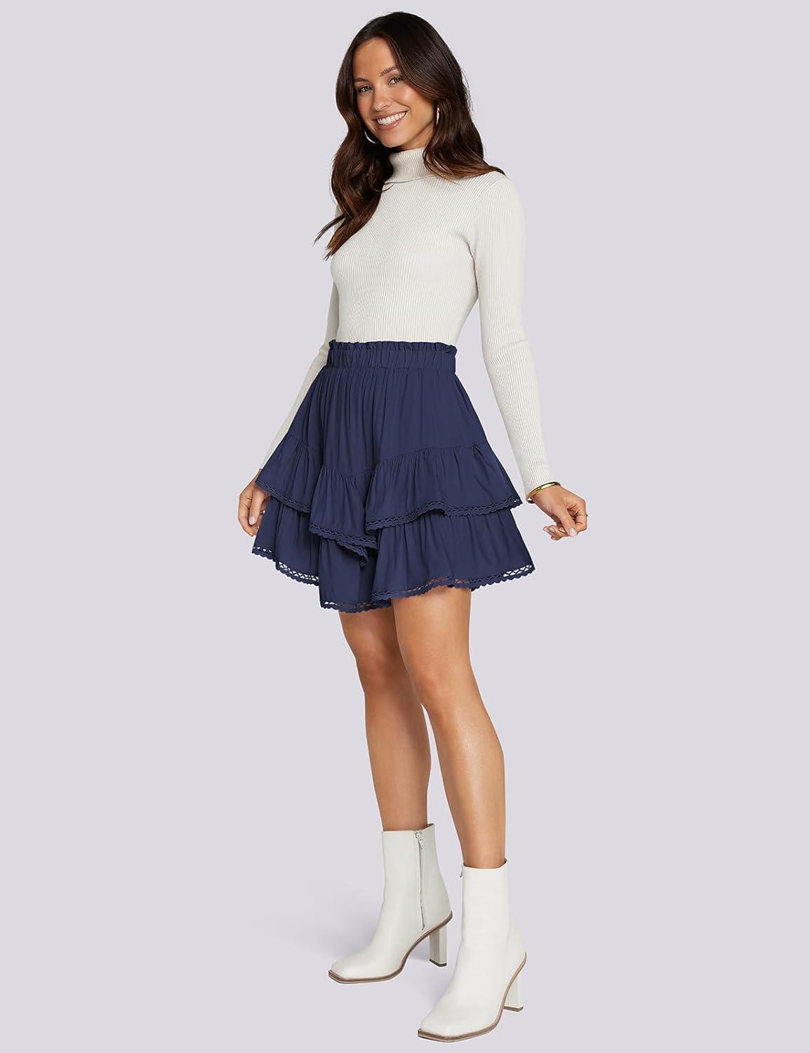 imageTARSE Womens Flowy Shorts High Waist Pleated Mini Skirts Casual Boho Ruffle Tiered Skorts Cute Versatile Fashion ShortsNavy