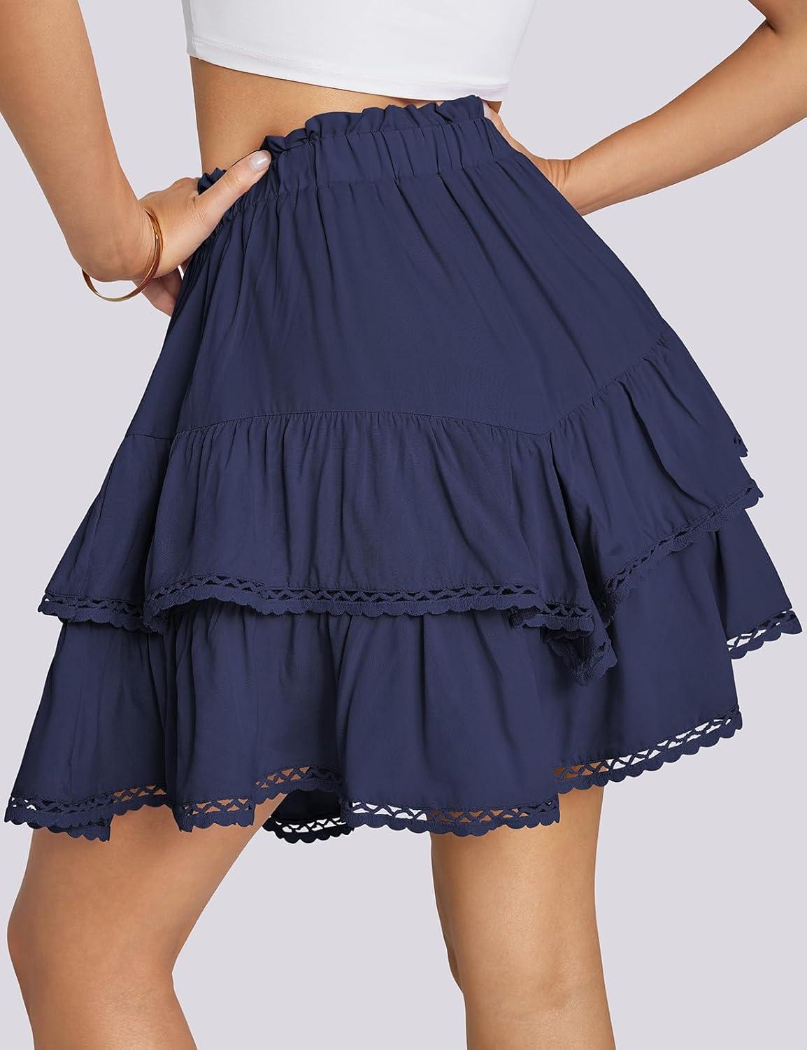 imageTARSE Womens Flowy Shorts High Waist Pleated Mini Skirts Casual Boho Ruffle Tiered Skorts Cute Versatile Fashion ShortsNavy