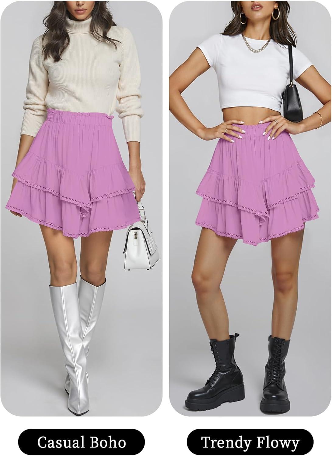 imageTARSE Womens Flowy Shorts High Waist Pleated Mini Skirts Casual Boho Ruffle Tiered Skorts Cute Versatile Fashion ShortsPink Purple