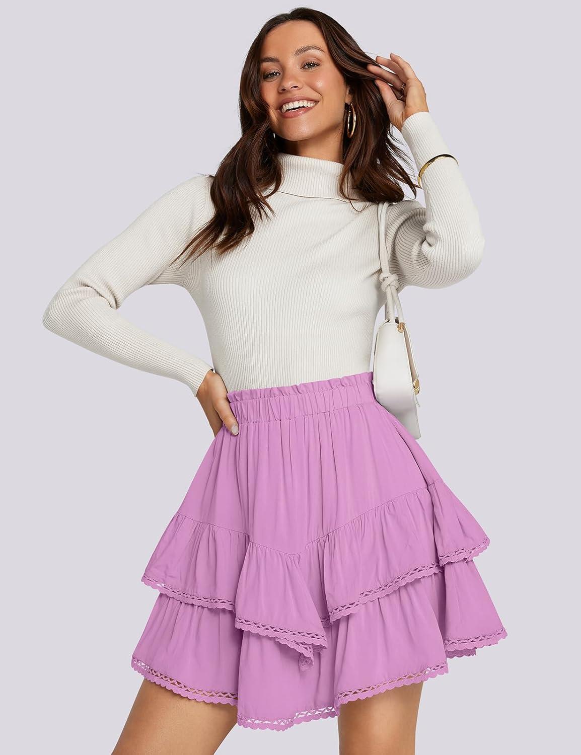 imageTARSE Womens Flowy Shorts High Waist Pleated Mini Skirts Casual Boho Ruffle Tiered Skorts Cute Versatile Fashion ShortsPink Purple