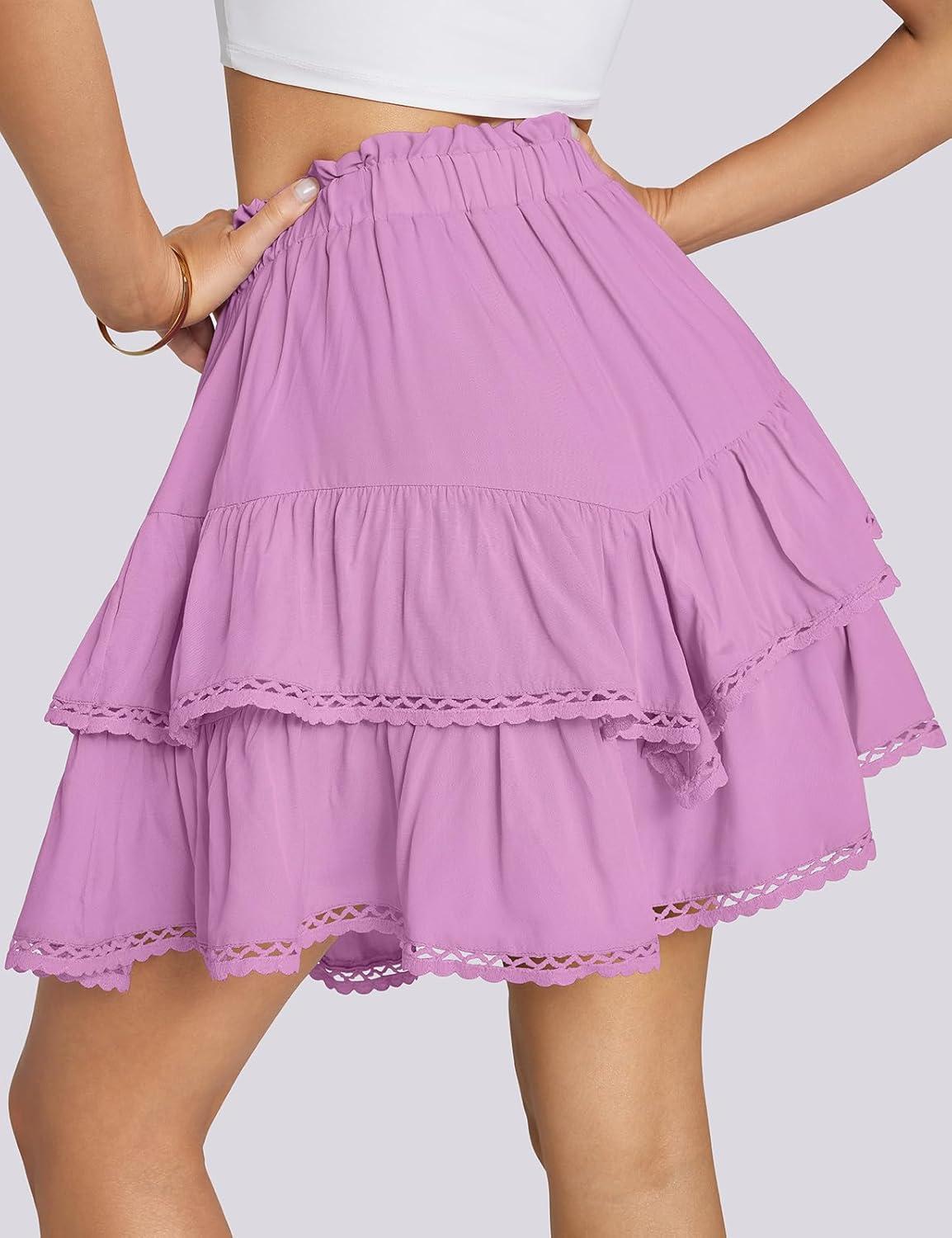 imageTARSE Womens Flowy Shorts High Waist Pleated Mini Skirts Casual Boho Ruffle Tiered Skorts Cute Versatile Fashion ShortsPink Purple