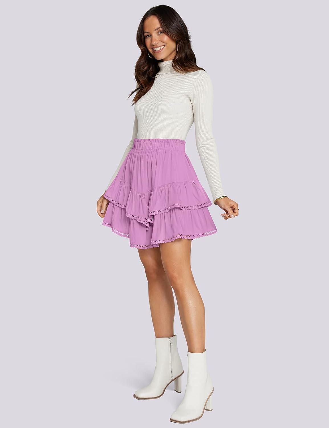 imageTARSE Womens Flowy Shorts High Waist Pleated Mini Skirts Casual Boho Ruffle Tiered Skorts Cute Versatile Fashion ShortsPink Purple