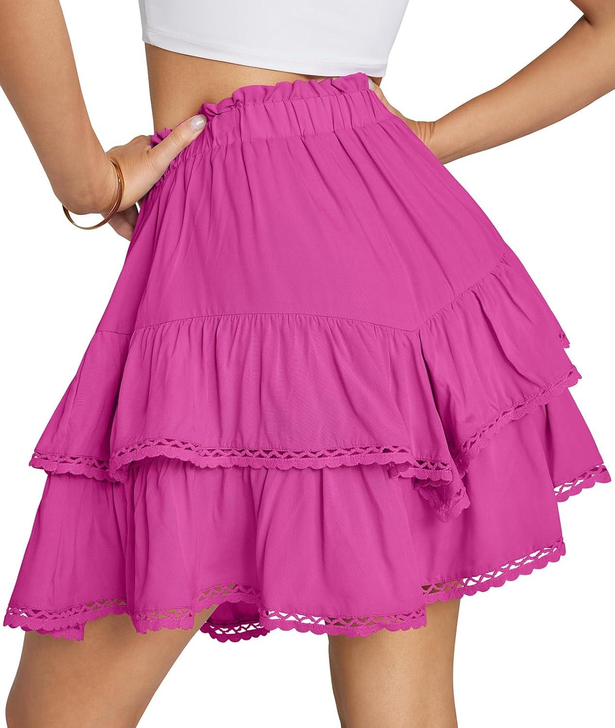 imageTARSE Womens Flowy Shorts High Waist Pleated Mini Skirts Casual Boho Ruffle Tiered Skorts Cute Versatile Fashion ShortsRose