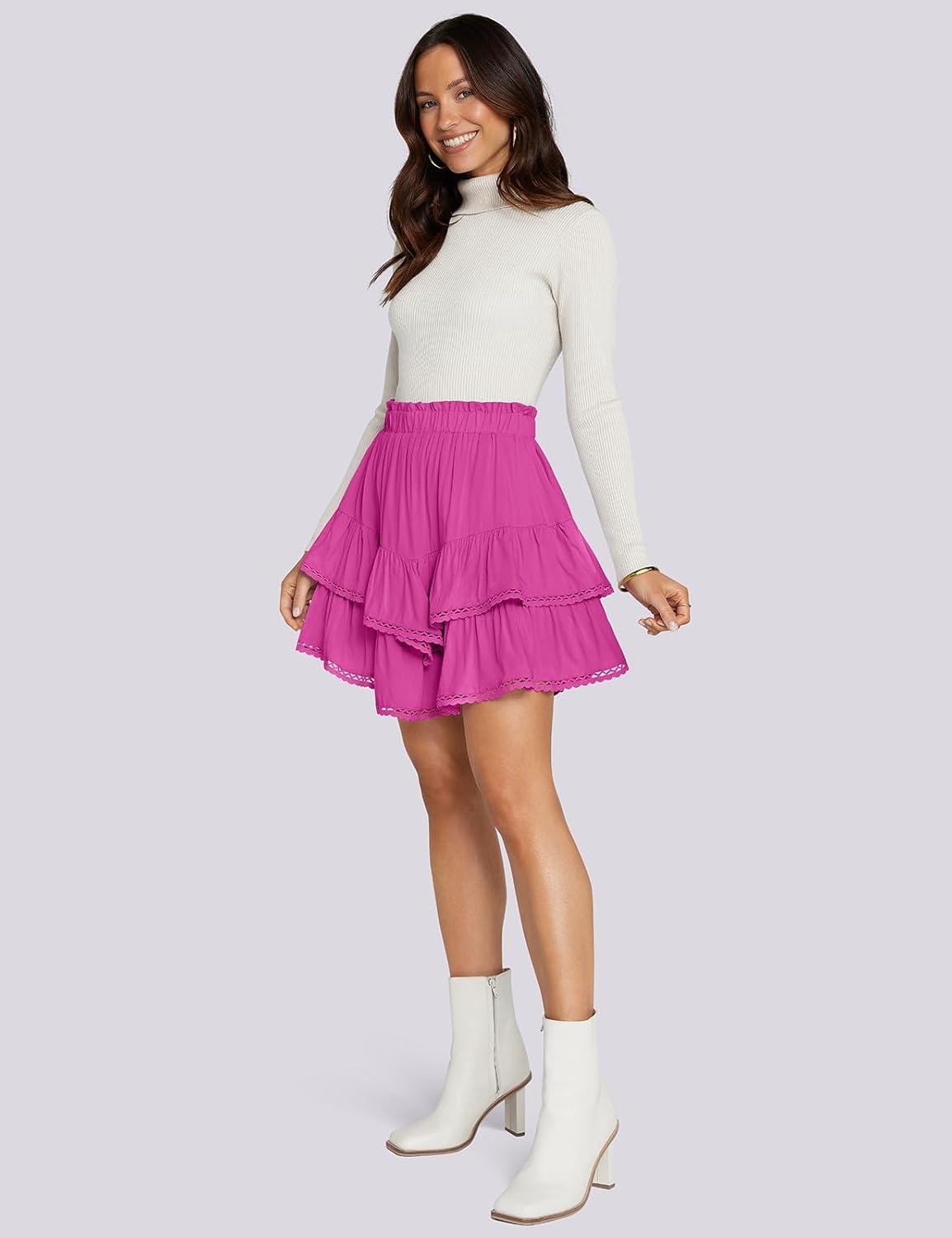 imageTARSE Womens Flowy Shorts High Waist Pleated Mini Skirts Casual Boho Ruffle Tiered Skorts Cute Versatile Fashion ShortsRose