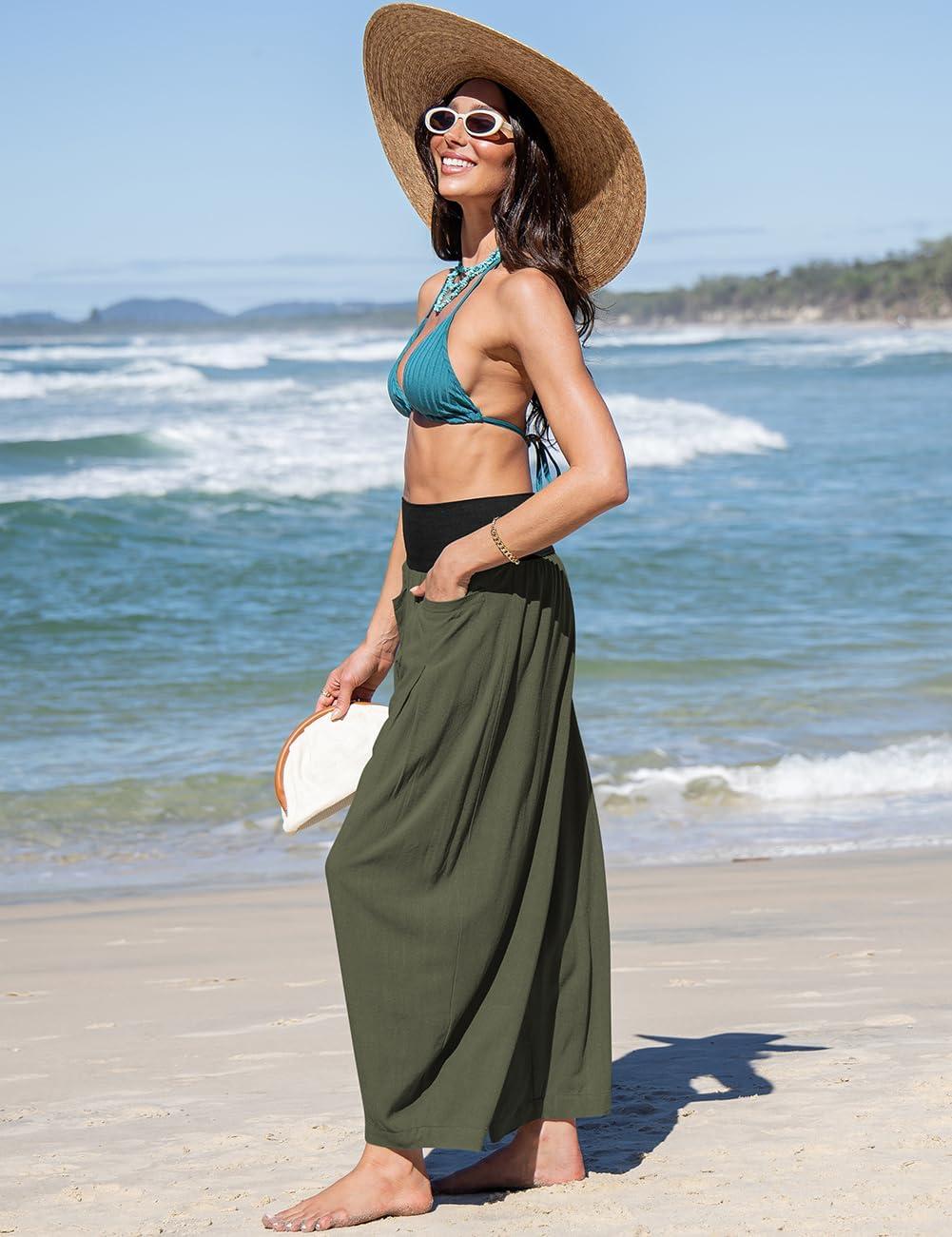 imageTARSE Womens Linen Harem Pants Loose Fit Boho Casual Trousers Wide Leg Lounge Pants with PocketsArmy Green