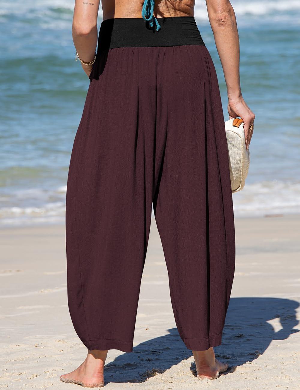 imageTARSE Womens Linen Harem Pants Loose Fit Boho Casual Trousers Wide Leg Lounge Pants with PocketsJujube Red