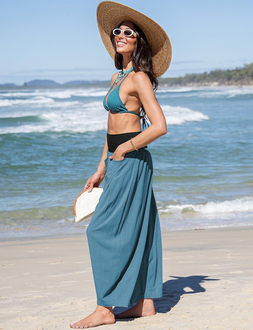 imageTARSE Womens Linen Harem Pants Loose Fit Boho Casual Trousers Wide Leg Lounge Pants with PocketsLakeblue