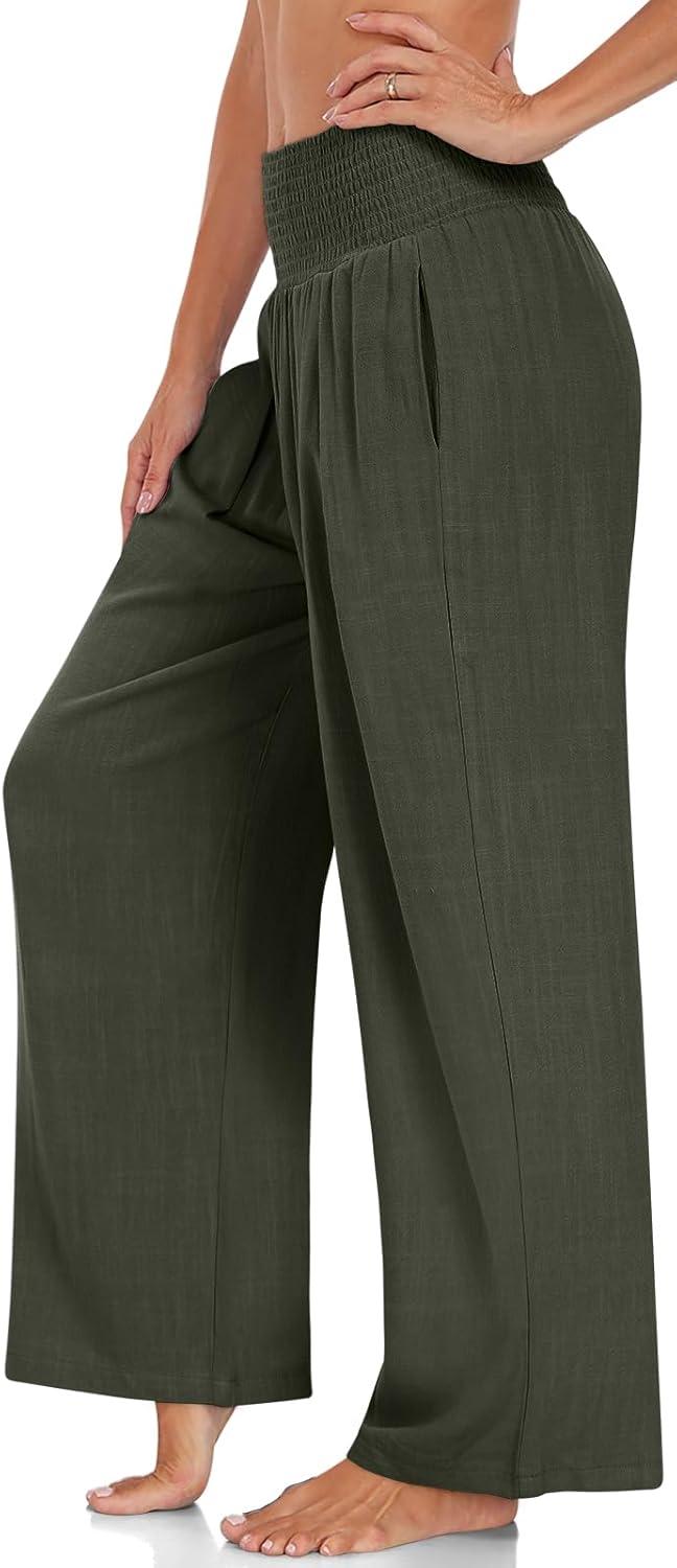 imageTARSE Womens Summer Linen Palazzo Pants Boho High Waisted Wide Leg Casual Long Lounge Pant Trousers with PocketsArmy Green