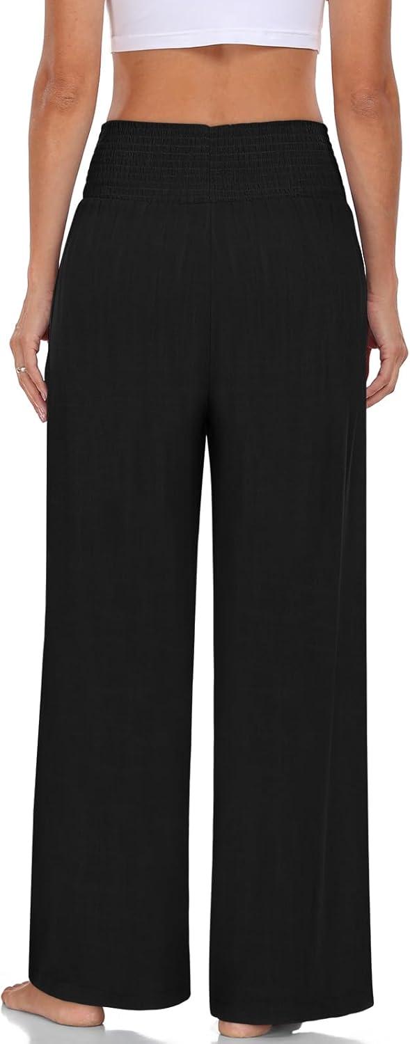 imageTARSE Womens Summer Linen Palazzo Pants Boho High Waisted Wide Leg Casual Long Lounge Pant Trousers with PocketsBlack