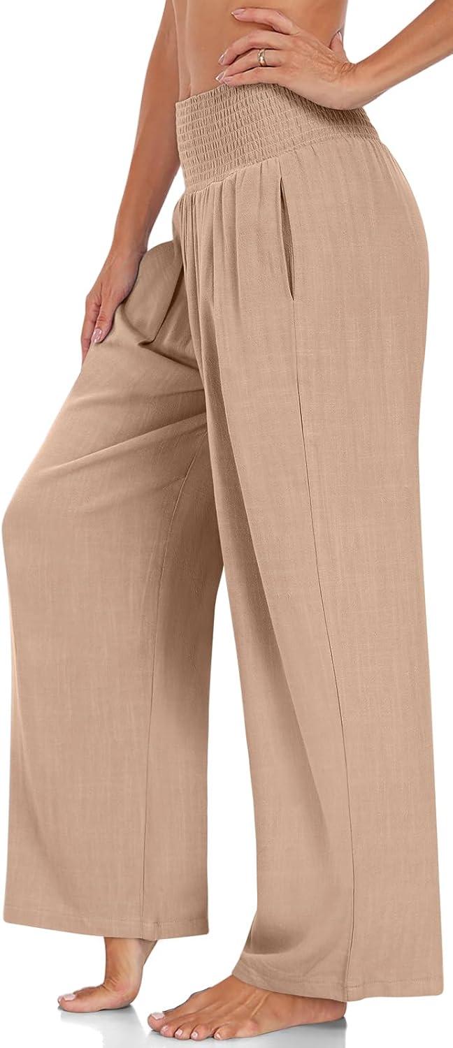 imageTARSE Womens Summer Linen Palazzo Pants Boho High Waisted Wide Leg Casual Long Lounge Pant Trousers with PocketsLight Coffee