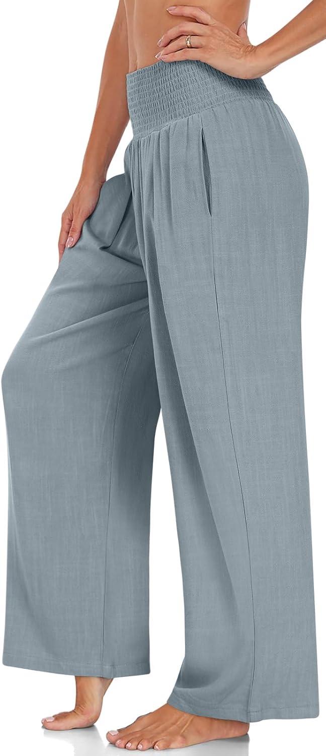 imageTARSE Womens Summer Linen Palazzo Pants Boho High Waisted Wide Leg Casual Long Lounge Pant Trousers with PocketsLight Gray Blue