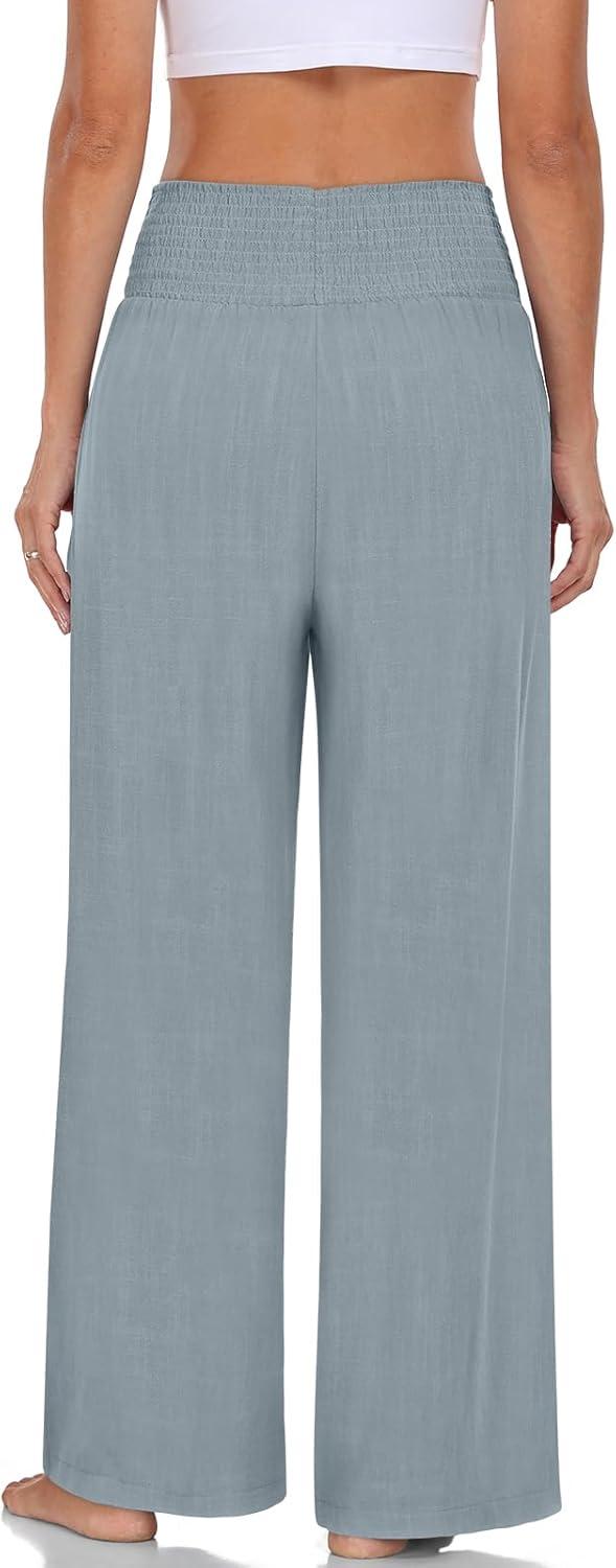 imageTARSE Womens Summer Linen Palazzo Pants Boho High Waisted Wide Leg Casual Long Lounge Pant Trousers with PocketsLight Gray Blue