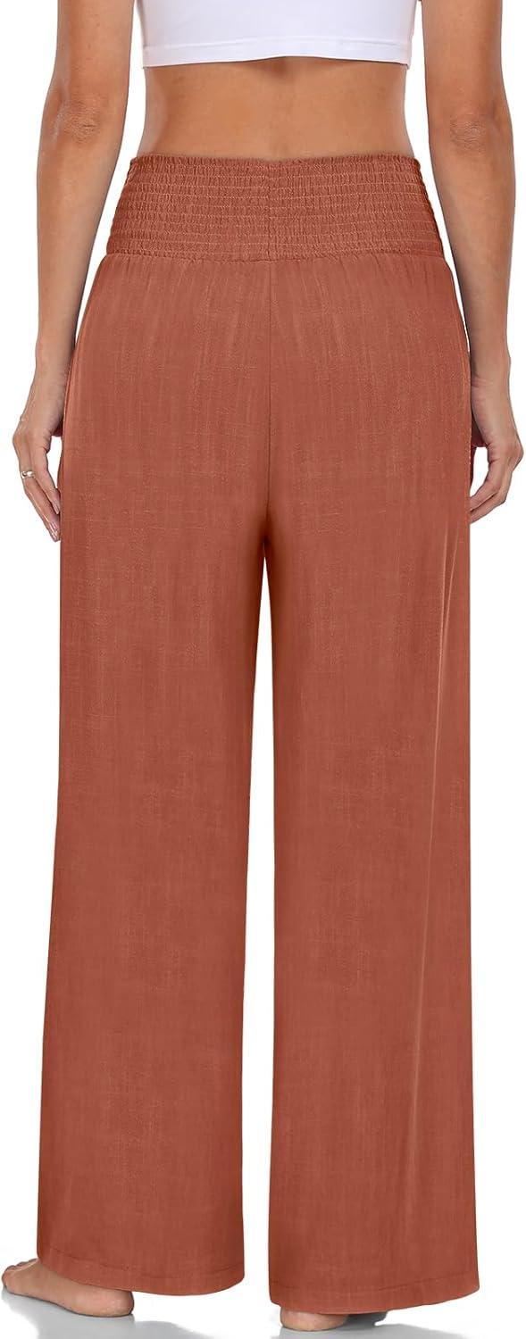 imageTARSE Womens Summer Linen Palazzo Pants Boho High Waisted Wide Leg Casual Long Lounge Pant Trousers with PocketsLight Red Brown